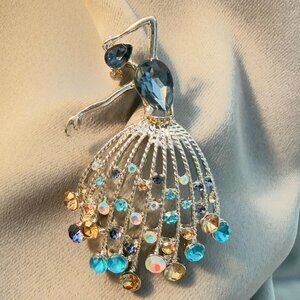 Dancer Brooch Blue Crystal Open Skirt Convertible Pendant 2.75"